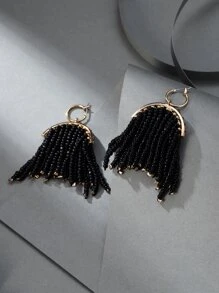 Bead Tassel Drop Earrings - Black - View 3