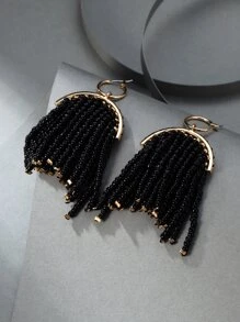 Bead Tassel Drop Earrings - Black - View 5