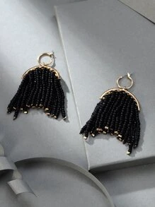 Bead Tassel Drop Earrings - Black - View 6