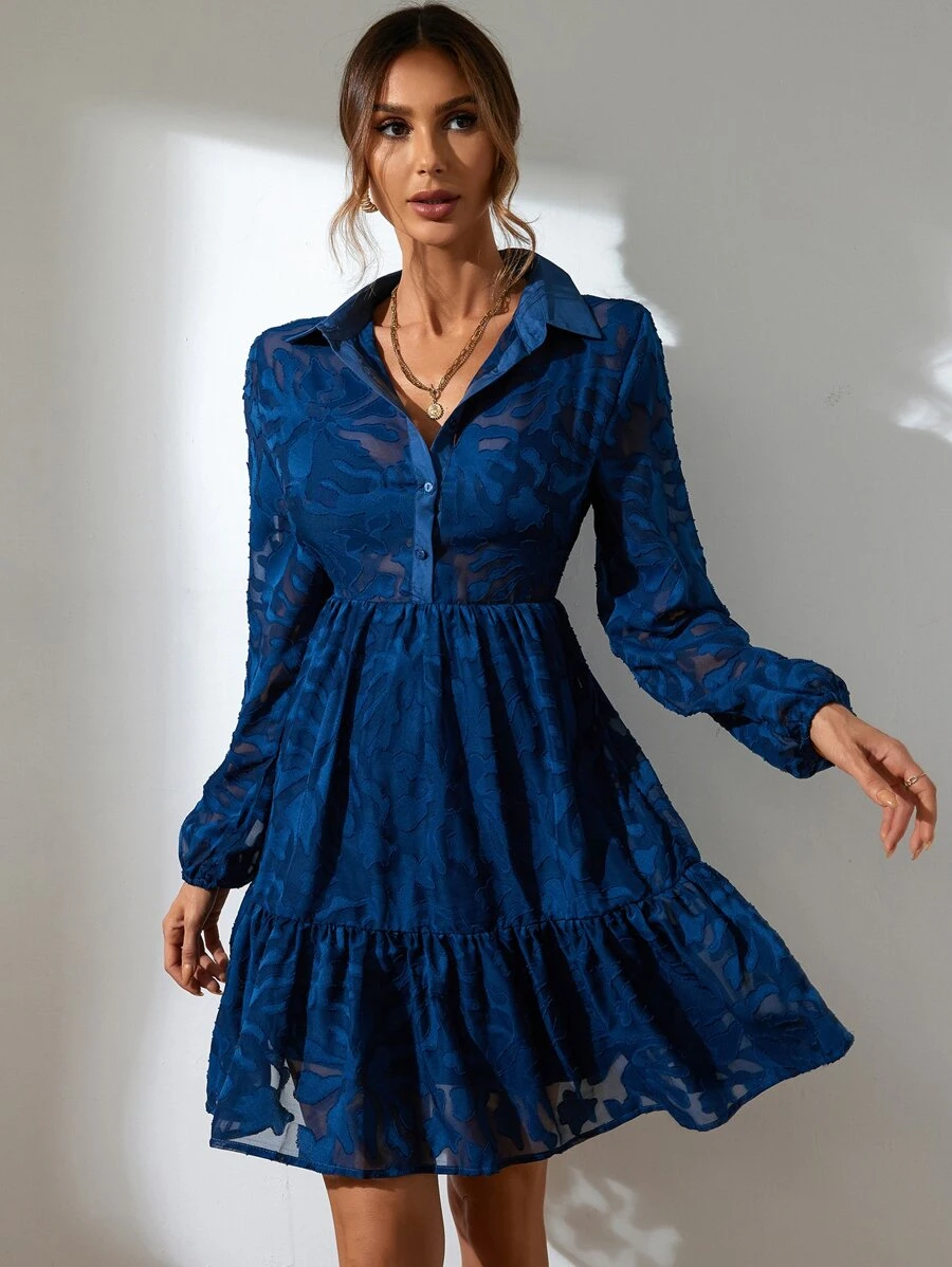 GENKIRA 提花燈籠袖荷葉邊襯衫洋裝 - 寶藍色 - 查看 1