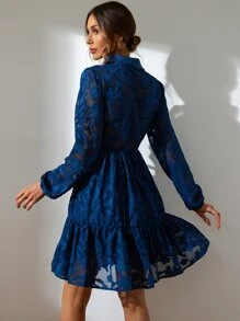 GENKIRA 提花燈籠袖荷葉邊襯衫洋裝 - 寶藍色 - 查看 2
