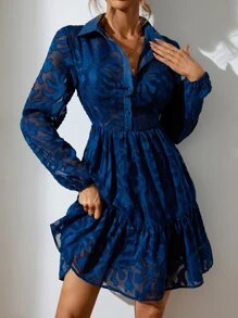 GENKIRA 提花燈籠袖荷葉邊襯衫洋裝 - 寶藍色 - 查看 4