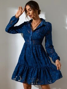 GENKIRA 提花燈籠袖荷葉邊襯衫洋裝 - 寶藍色 - 查看 6