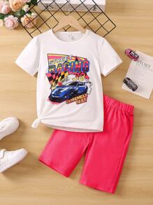 女大童汽車字母印花休閒甜美酷感街頭服飾常規袖圓領 2入組套夏季服裝 - 彩色 - 查看 7