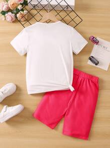 女大童汽車字母印花休閒甜美酷感街頭服飾常規袖圓領 2入組套夏季服裝 - 彩色 - 查看 2