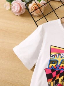 女大童汽車字母印花休閒甜美酷感街頭服飾常規袖圓領 2入組套夏季服裝 - 彩色 - 查看 3