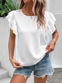 SHEIN Clasi 素色荷葉邊襯衫 - 白色 - 查看 3