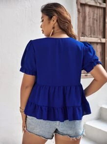 SHEIN Holidaya Blusa peplum de manga farol bajo con fruncido - azul real - Ver 4