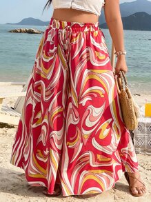 SHEIN Holidaya Plus Allover Print Drawstring Waist Wide Leg Pants