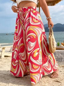 SHEIN Holidaya Plus Allover Print Drawstring Waist Wide Leg Pants