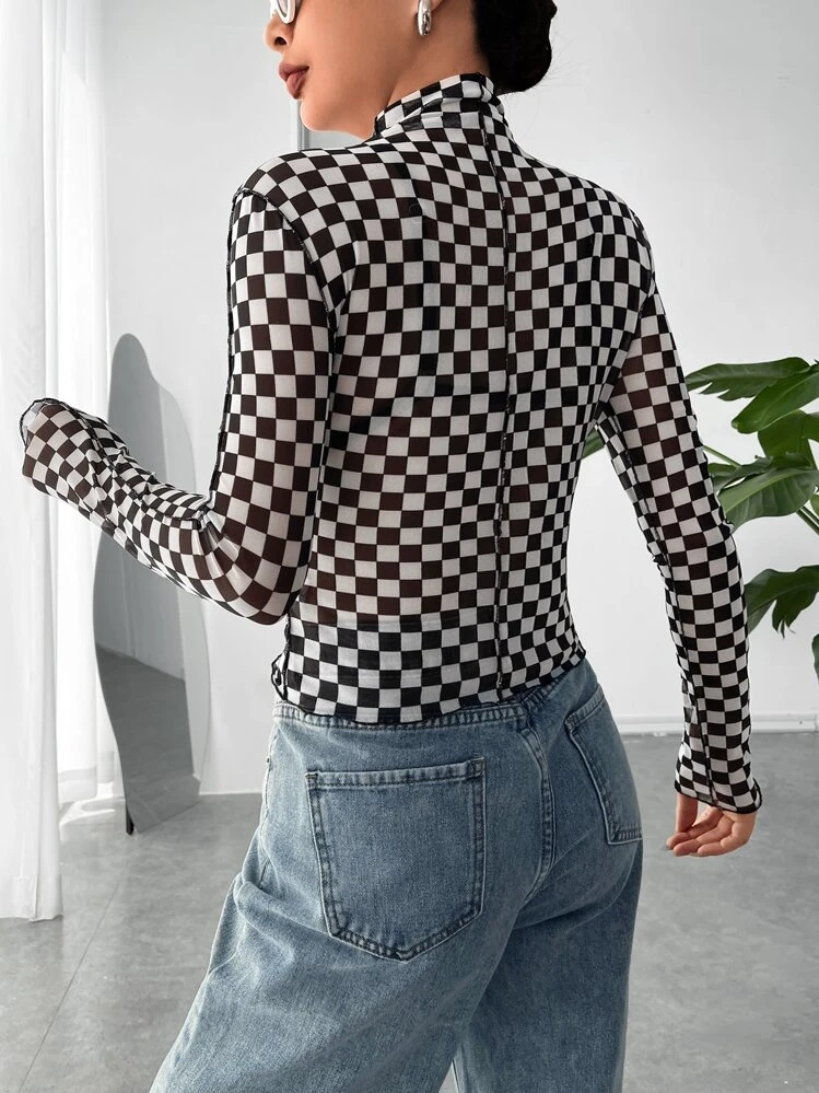 SHEIN EZwear Checker Print Mock Neck Top Without Bra - Black and White - View 2