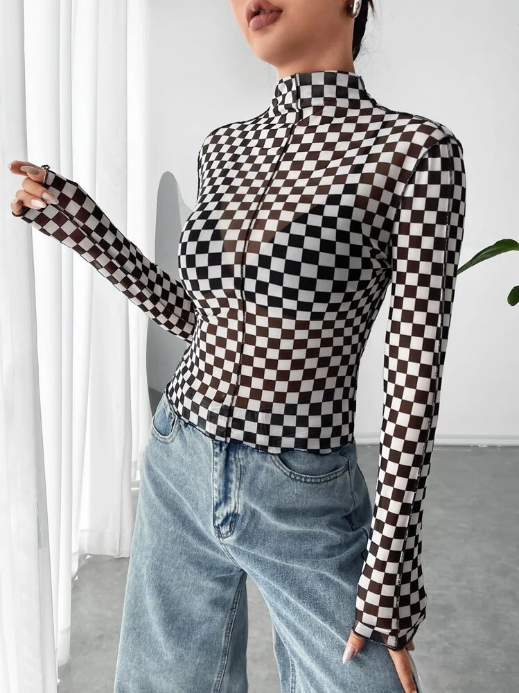 SHEIN EZwear Checker Print Mock Neck Top Without Bra - Black and White - View 3