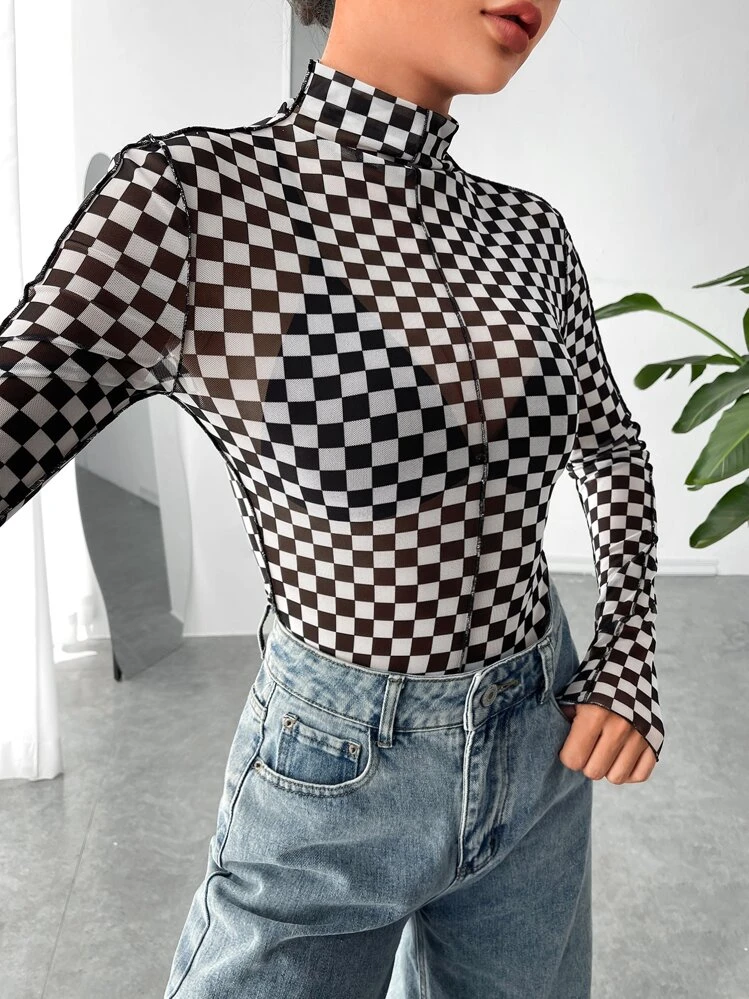 SHEIN EZwear Checker Print Mock Neck Top Without Bra - Black and White - View 5