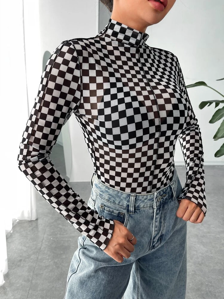 SHEIN EZwear Checker Print Mock Neck Top Without Bra - Black and White - View 6