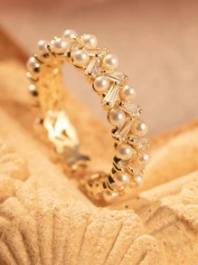 Anillo con diseño de perla artificial - Dorado - Ver 3