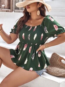 SHEIN Clasi Plus Feather Print Puff Sleeve Peplum Blouse - Dark Green - View 2