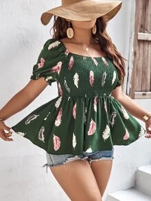 SHEIN Clasi Plus Feather Print Puff Sleeve Peplum Blouse - Dark Green - View 4