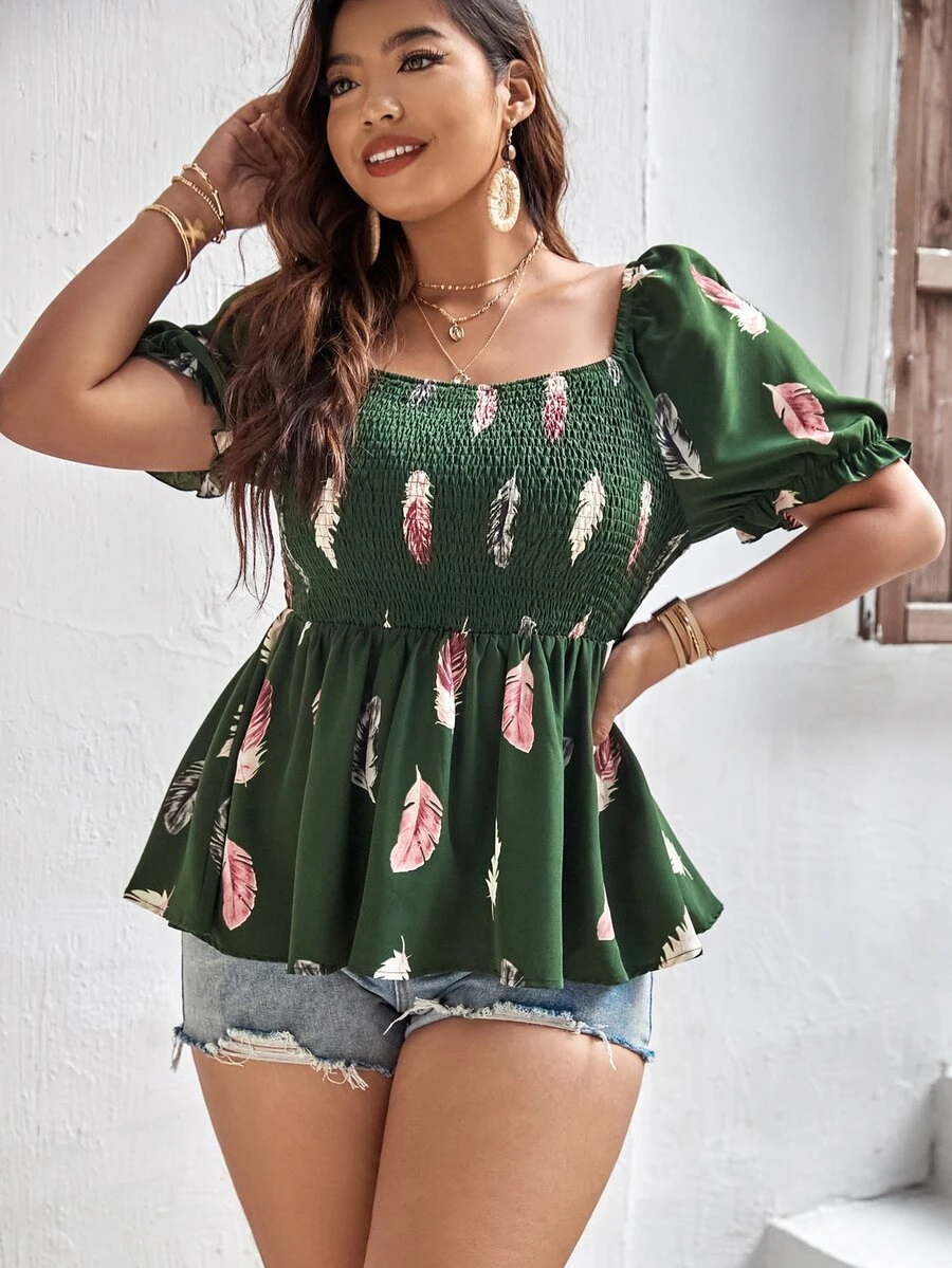 SHEIN Clasi Plus Feather Print Puff Sleeve Peplum Blouse - Dark Green - View 1
