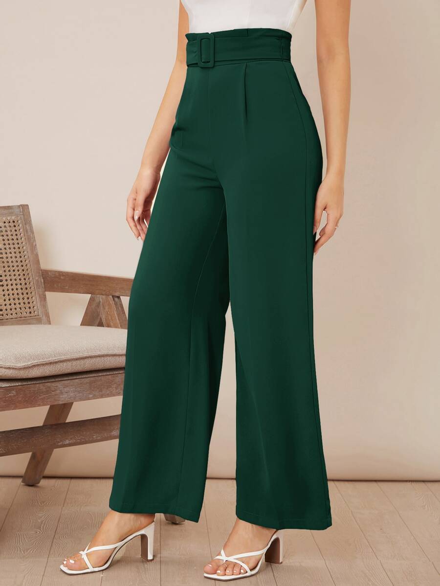 Firerie Solid Belted Wide Leg Trousers - Dark Green - View 1