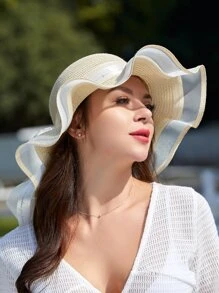 1pc Lace Edge Sun Hat For Party, Travel & Outdoor Activities Boho Bow