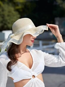 1pc Lace Edge Sun Hat For Party, Travel & Outdoor Activities Boho Bow