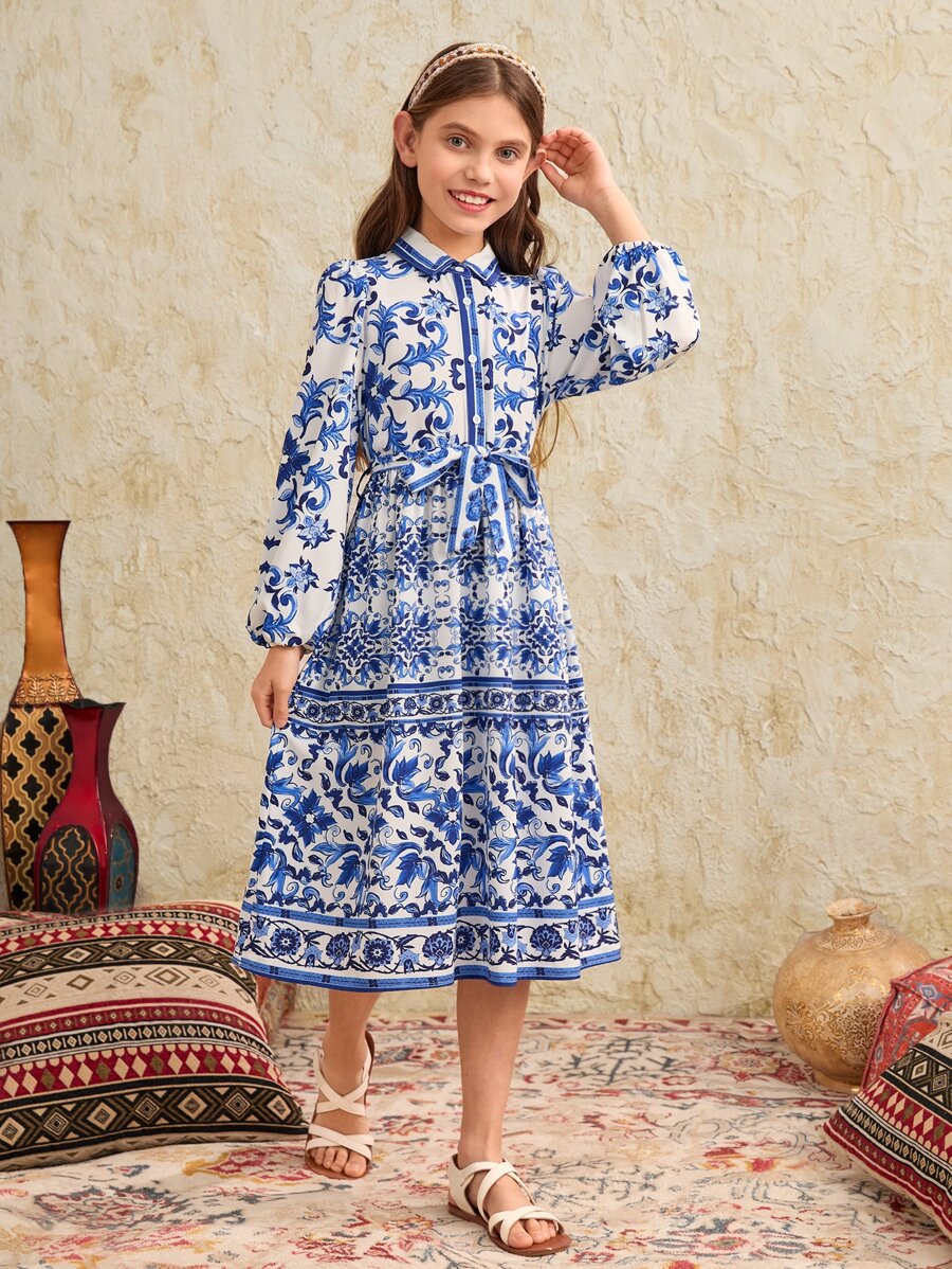 SHEIN Leap Crew Tween Girl 1件花卉印花燈籠袖裙子(配腰帶)