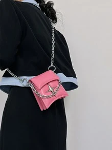 迷你鏈條裝飾翻蓋方包 - 粉色 - 查看 7
