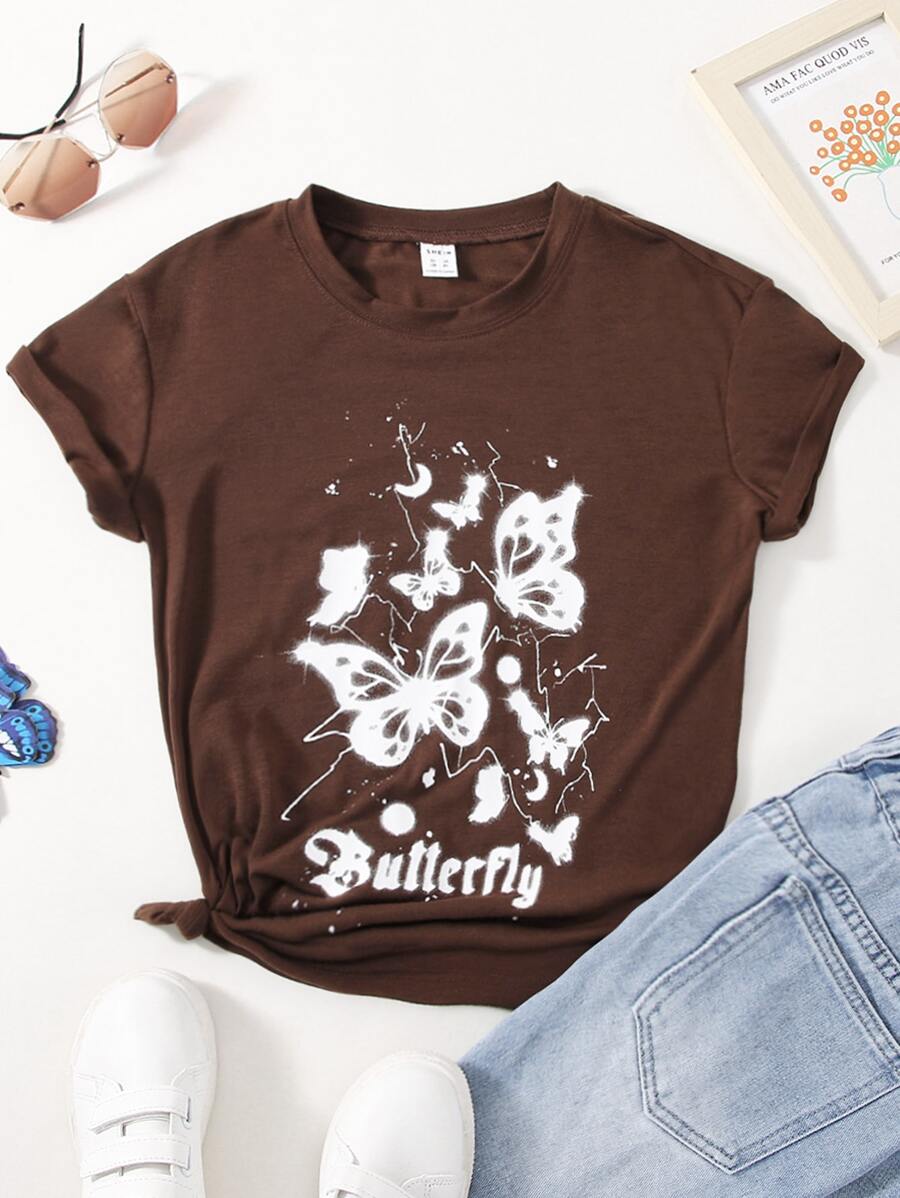 Girls 1pc Butterfly & Letter Graphic Tee - Coffee Brown - View 1