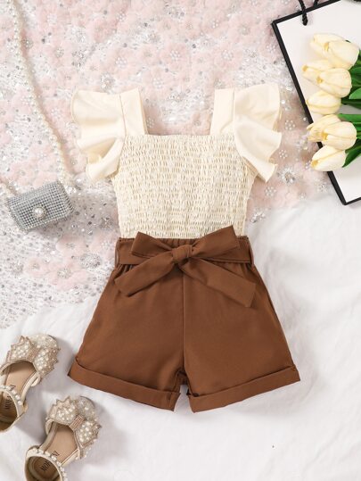 Baby Girl Ruffle Trim Square Neck Shirred Top & Shorts
