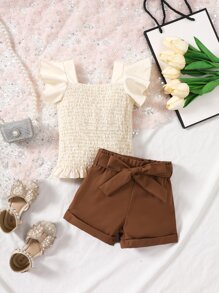 Baby Girl Ruffle Trim Square Neck Shirred Top & Shorts - Multicolor - View 3