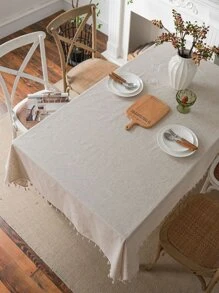 1入組素色桌布滌綸流蘇裝飾長方形桌布適用於餐桌 - 米色 - 查看 1