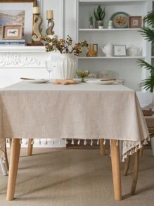 1入組素色桌布滌綸流蘇裝飾長方形桌布適用於餐桌 - 米色 - 查看 5