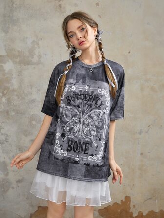 Fairycore Letter Butterfly Graphic Drop Shoulder Tee