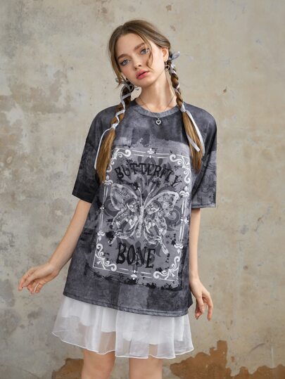 Fairycore Letter Butterfly Graphic Drop Shoulder Tee