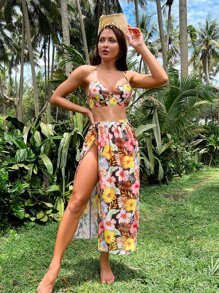 Letni bikini plażowe z tropikalnym nadrukiem i zakrywającą spódnicą - Wielokolorowe - Zobacz 1