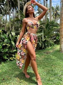 Letni bikini plażowe z tropikalnym nadrukiem i zakrywającą spódnicą - Wielokolorowe - Zobacz 3