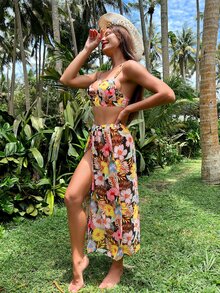 Letni bikini plażowe z tropikalnym nadrukiem i zakrywającą spódnicą - Wielokolorowe - Zobacz 4