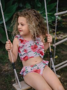 Young Girl Floral Print Ruffle Trim Bikini Set Summer Beach - Mauve Purple - View 4