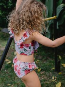 Young Girl Floral Print Ruffle Trim Bikini Set Summer Beach - Mauve Purple - View 10
