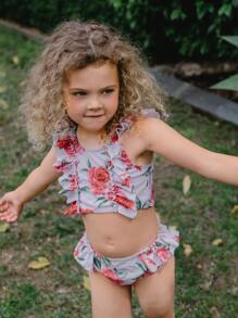 Young Girl Floral Print Ruffle Trim Bikini Set Summer Beach - Mauve Purple - View 6