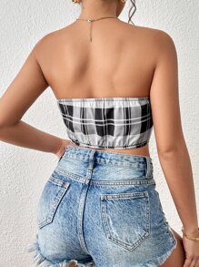 SHEIN Privé Plaid Print Crop Tube Top - Black and White - View 2