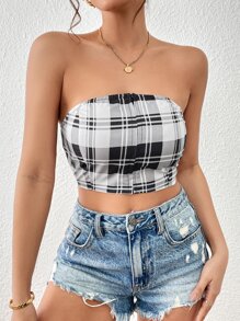 SHEIN Privé Plaid Print Crop Tube Top - Black and White - View 3