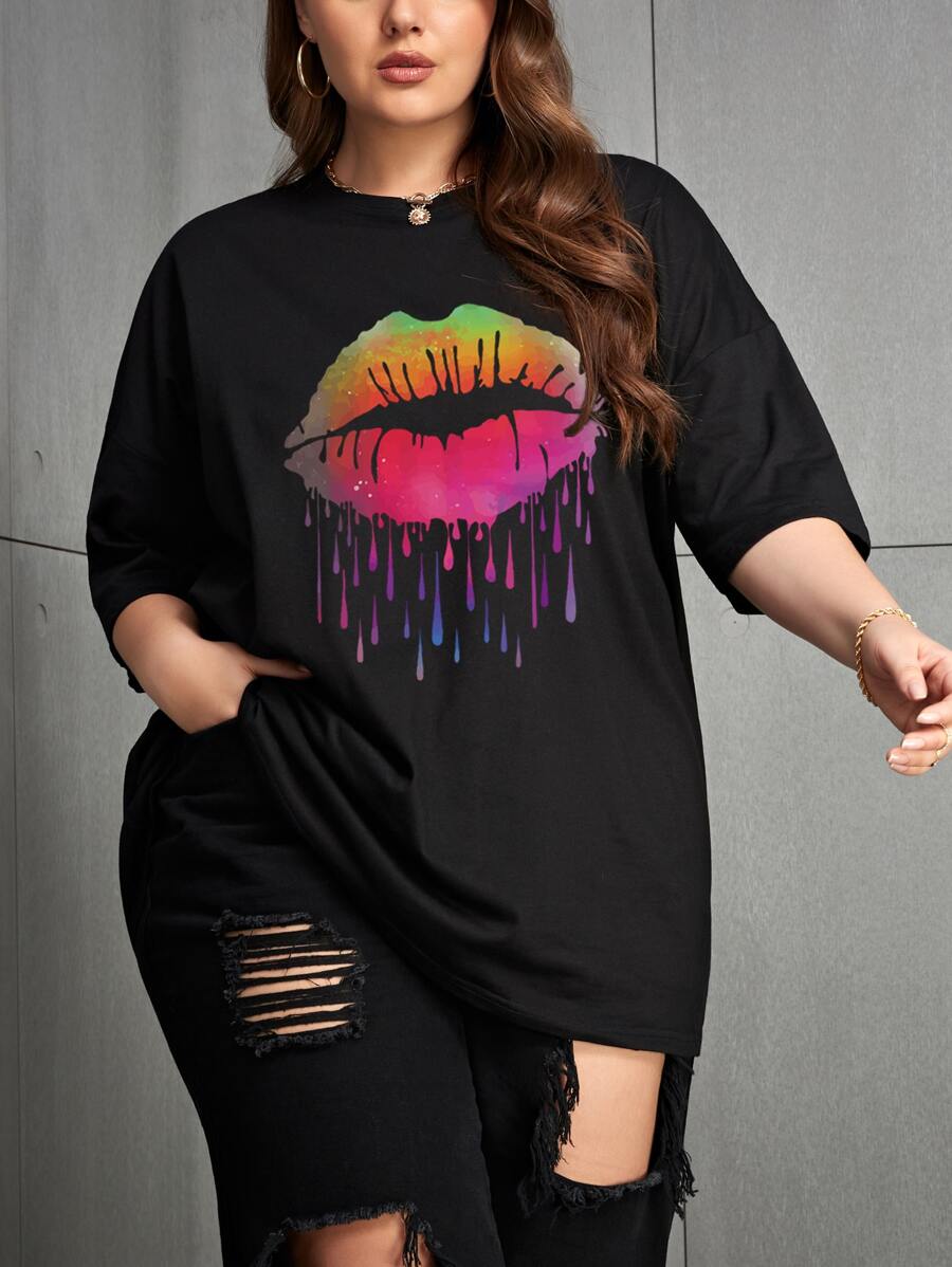 INAWLY 大碼嘴唇印花落肩T恤 - 黑色 - 查看 1