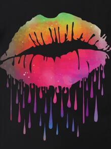 INAWLY 大碼嘴唇印花落肩T恤 - 黑色 - 查看 3