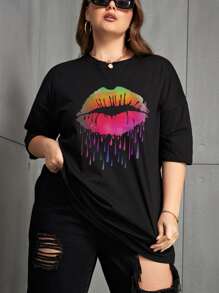 INAWLY 大碼嘴唇印花落肩T恤 - 黑色 - 查看 5