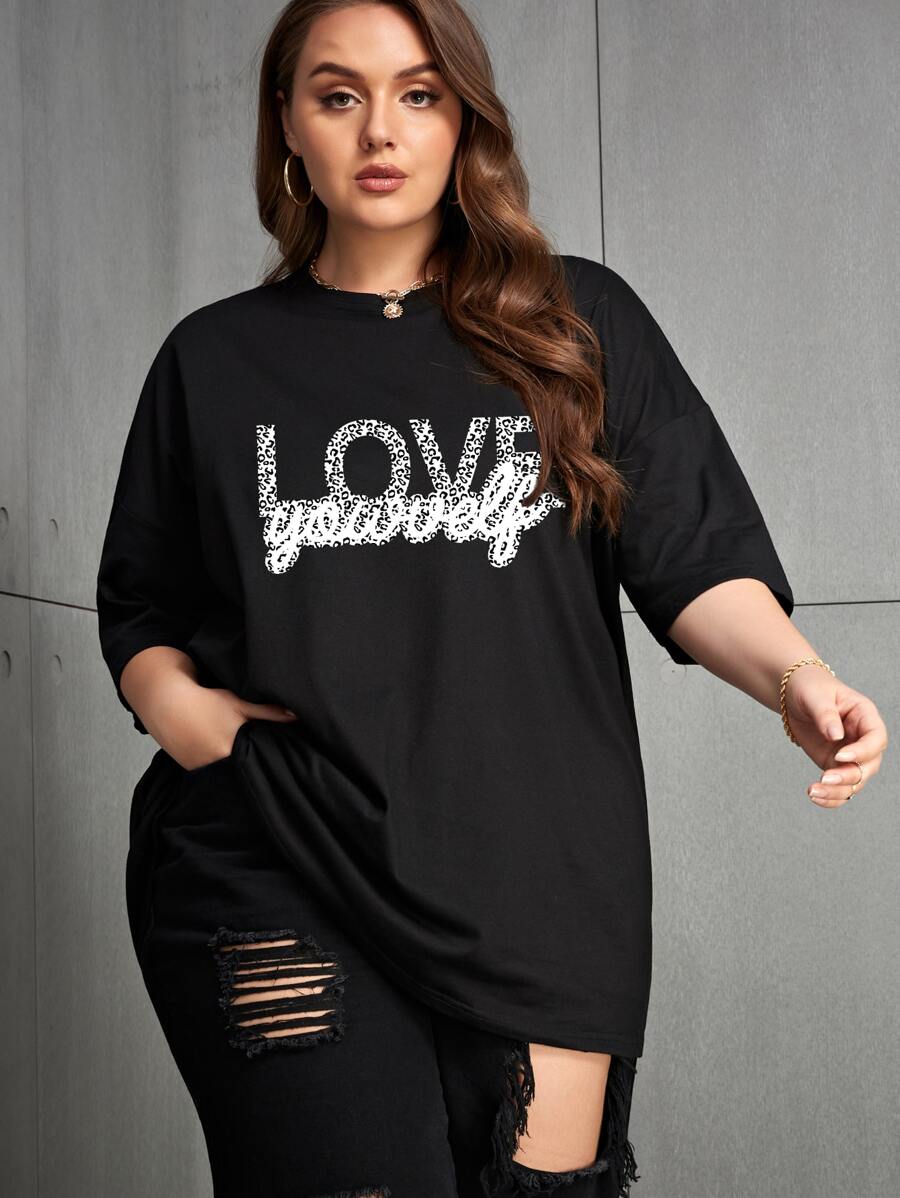 SHEIN EZwear Áo thun Plus size Lá thư Giải trí - màu đen - Xem 1