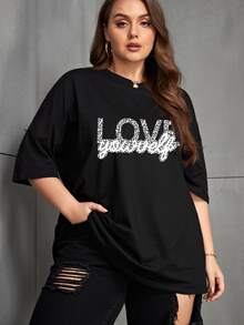 SHEIN EZwear Áo thun Plus size Lá thư Giải trí - màu đen - Xem 4