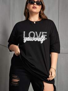 SHEIN EZwear Áo thun Plus size Lá thư Giải trí - màu đen - Xem 6