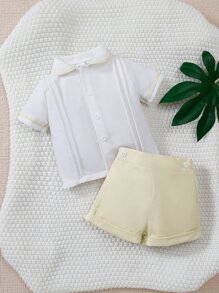 SHEIN 男嬰撞色滾邊襯衫和反摺褲腳短褲 - 彩色 - 查看 1