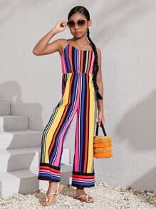 SHEIN Girls Striped Print Cami Jumpsuit - Multicolor - View 5
